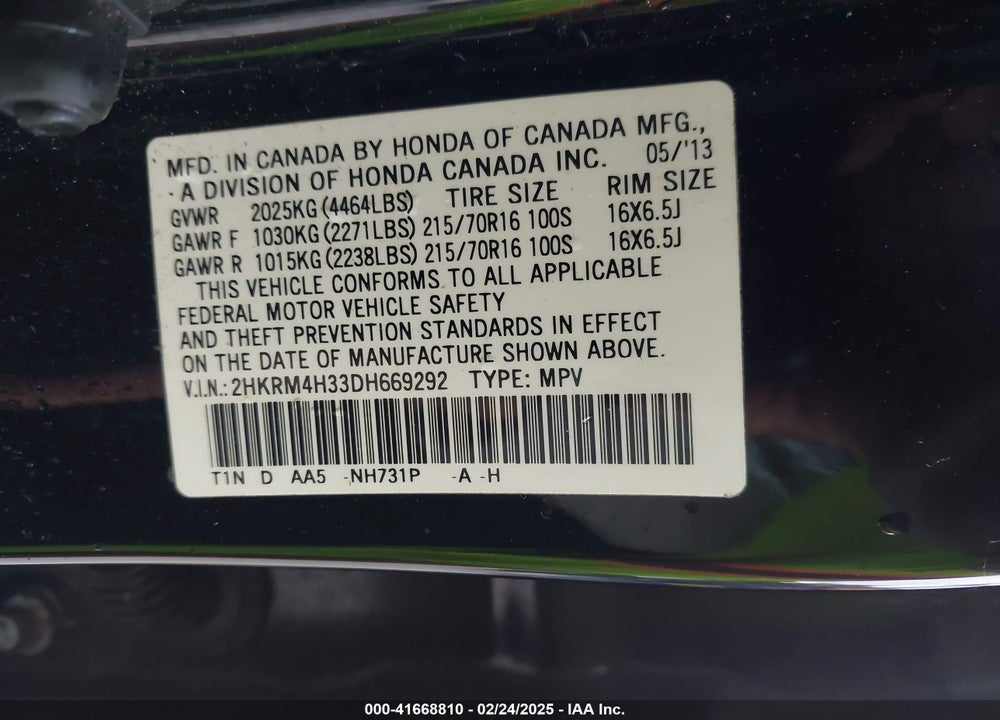 2013 HONDA CR-V LX VIN: 2HKRM4H33DH669292