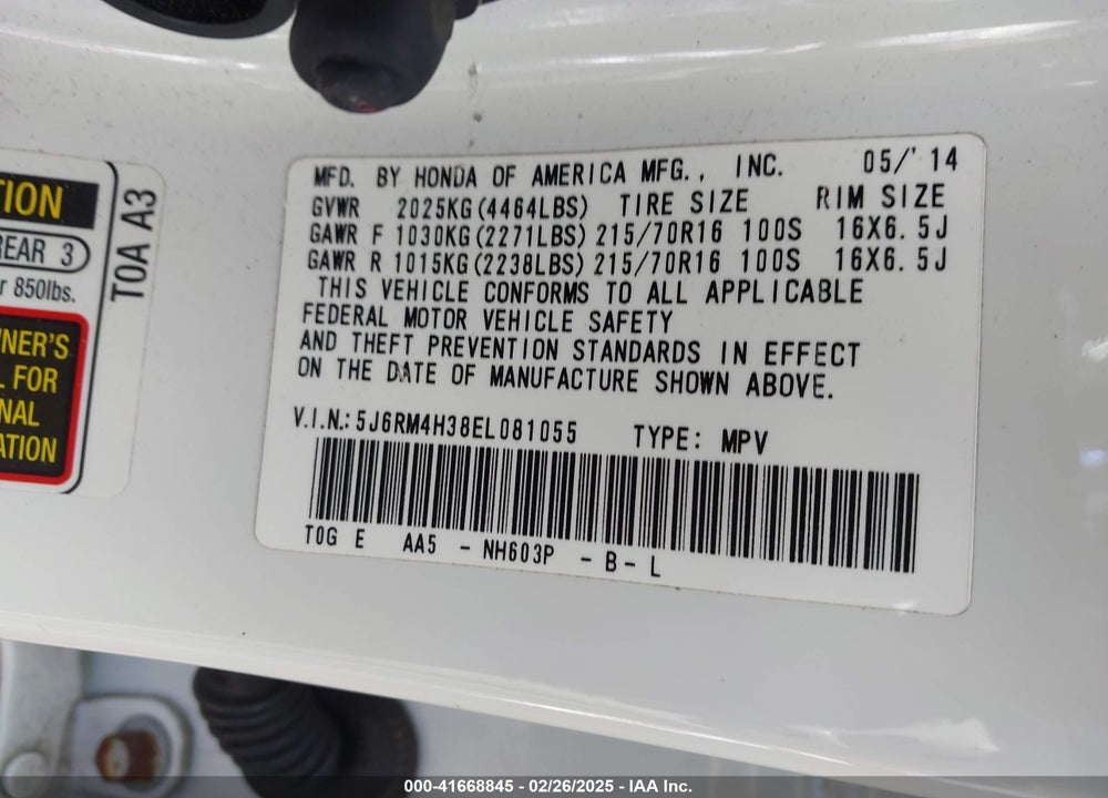2014 HONDA CR-V LX VIN: 5J6RM4H38EL081055