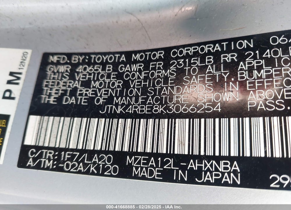 2019 TOYOTA COROLLA VIN: JTNK4RBE8K3066254
