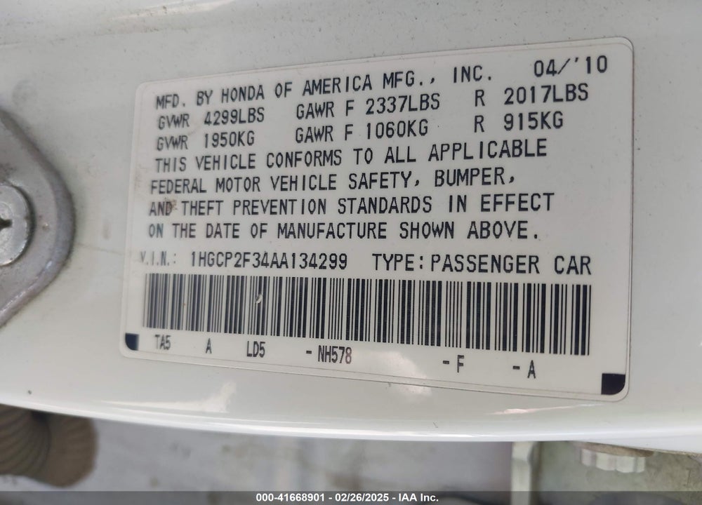2010 HONDA ACCORD 2.4 LX VIN: 1HGCP2F34AA134299