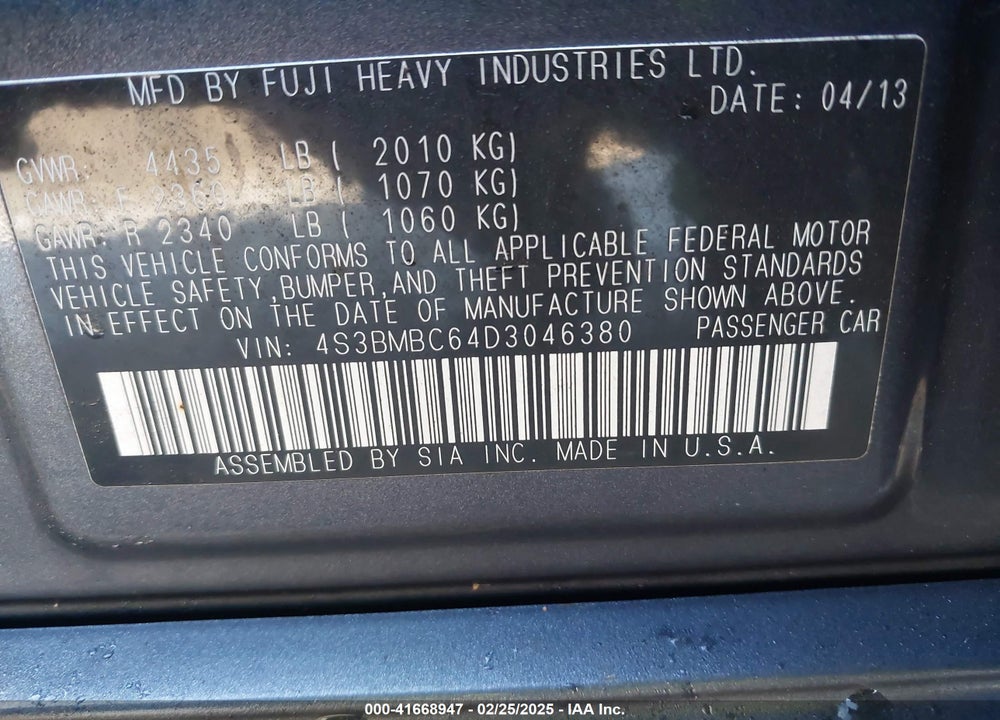 2013 SUBARU LEGACY 2.5I PREMIUM VIN: 4S3BMBC64D3046380