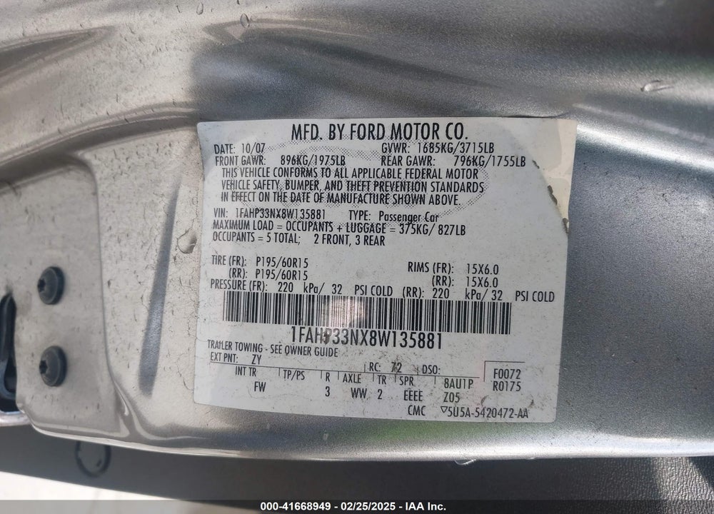 2008 FORD FOCUS VIN: 1FAHP33NX8W135881