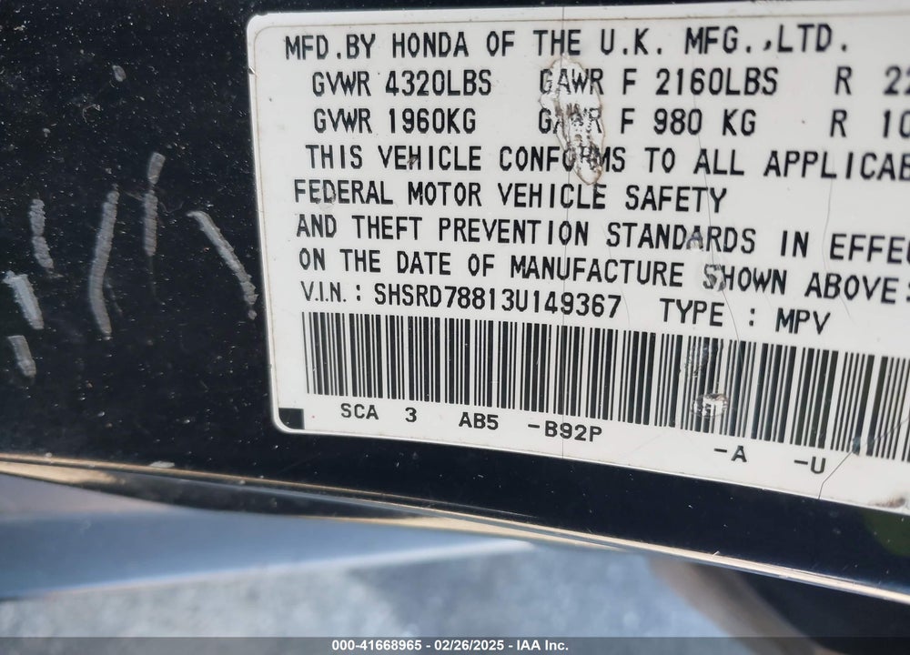 2003 HONDA CR-V EX VIN: SHSRD78813U149367