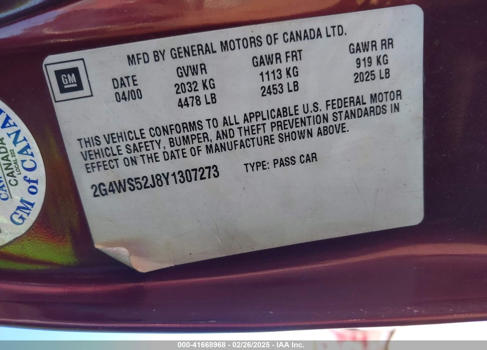 2000 BUICK CENTURY VIN: 2G4WS52J8Y1307273