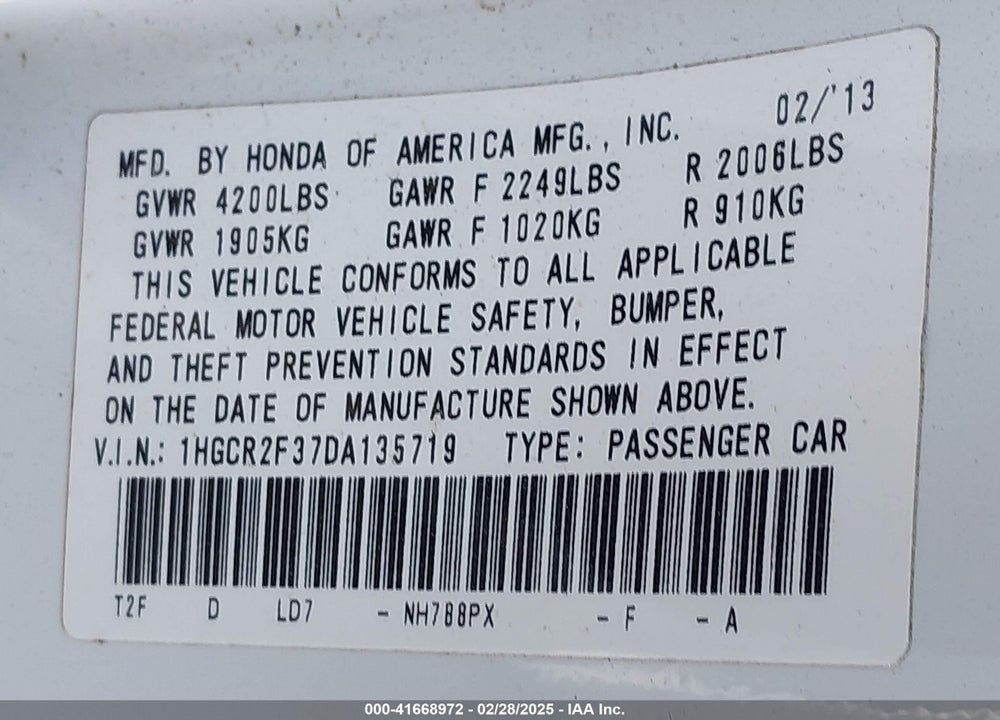 2013 HONDA ACCORD VIN: 1HGCR2F37DA135719