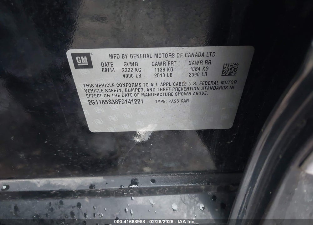 2015 CHEVROLET IMPALA VIN: 2G1165S38F9141221