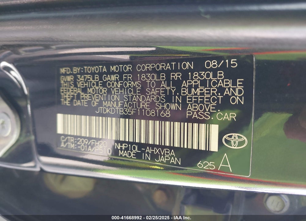 2015 TOYOTA PRIUS C VIN: JTDKDTB35F1108168