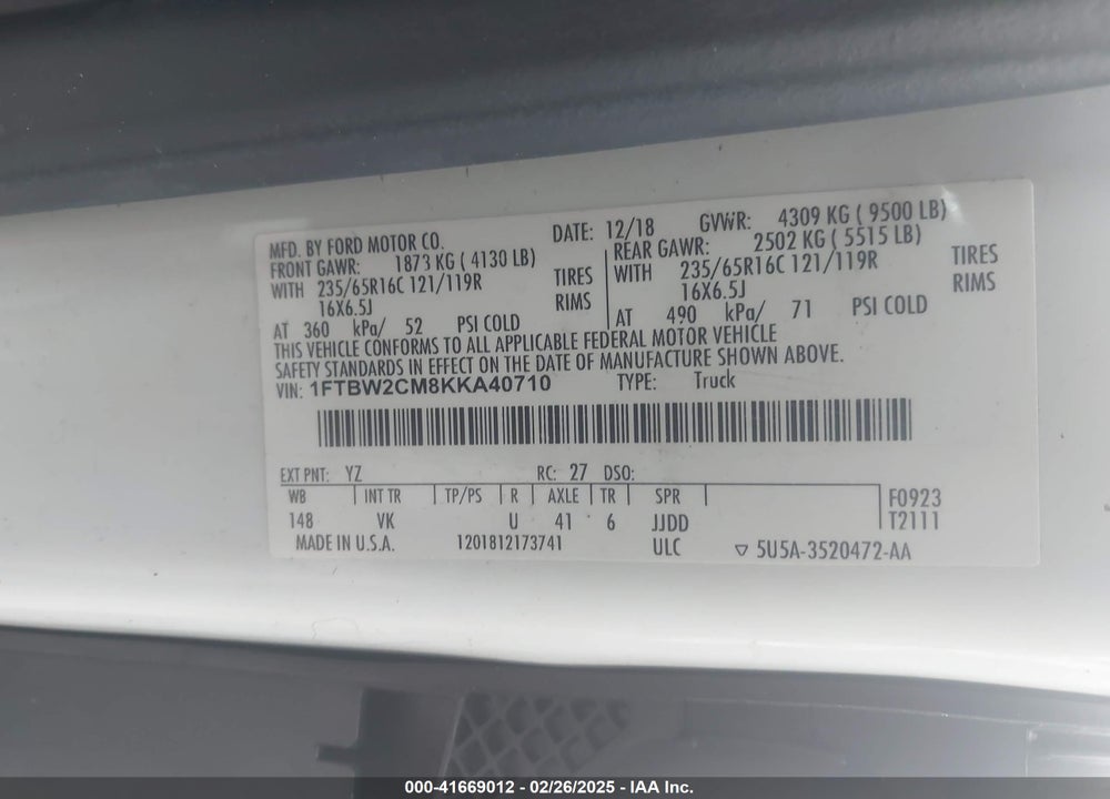 2019 FORD TRANSIT-350 VIN: 1FTBW2CM8KKA40710