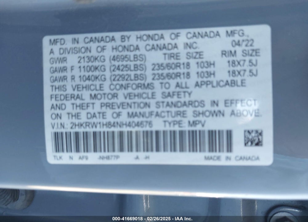 2022 HONDA CR-V VIN: 2HKRW1H84NH404676