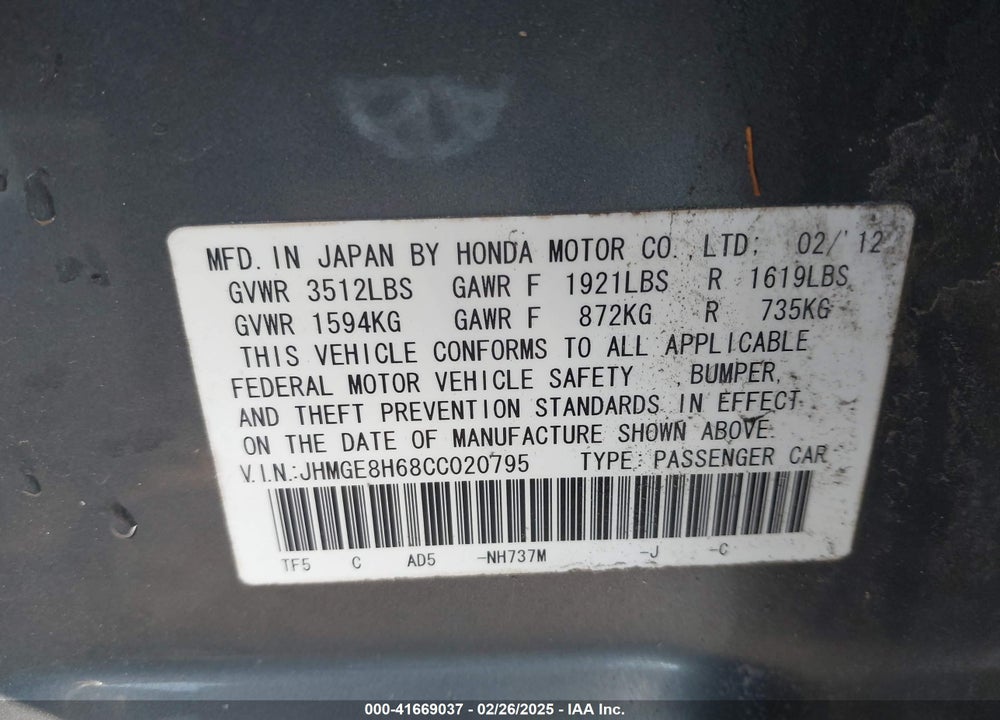 2012 HONDA FIT VIN: JHMGE8H68CC020795