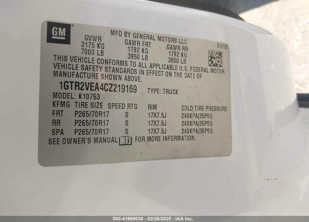 2012 GMC SIERRA 1500 VIN: 1GTR2VEA4CZ219169