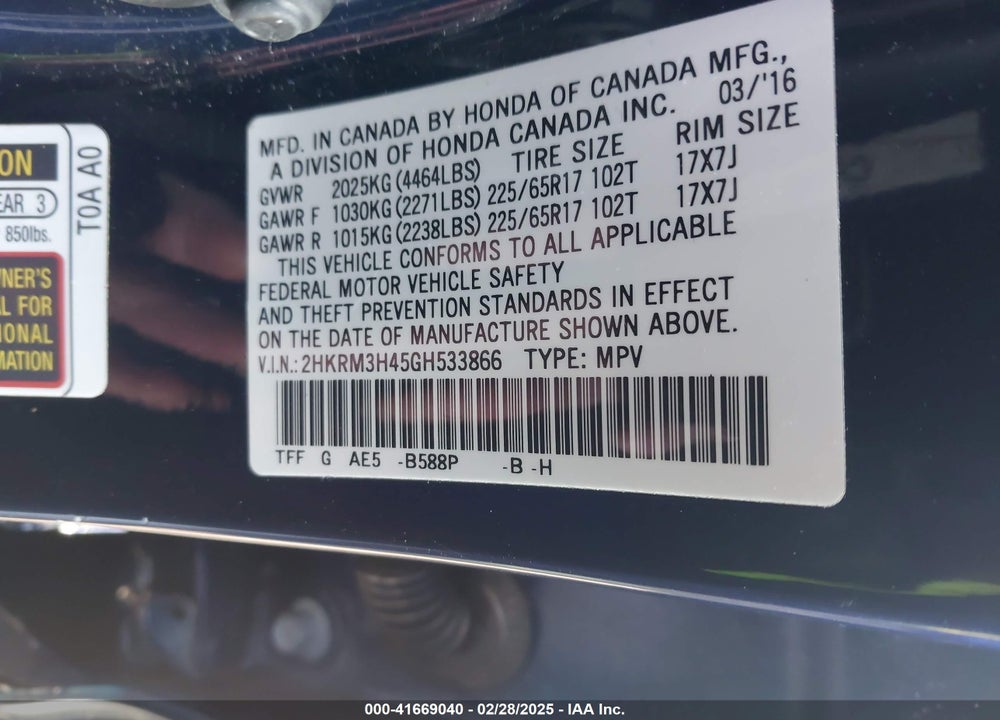 2016 HONDA CR-V VIN: 2HKRM3H45GH533866