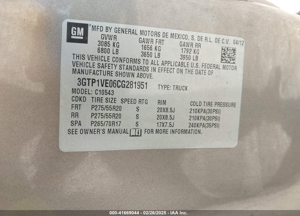 2012 GMC SIERRA 1500 VIN: 3GTP1VE06CG281951
