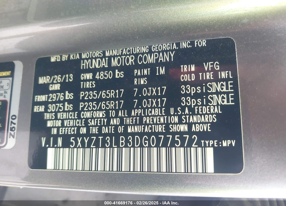 2013 HYUNDAI SANTA FE VIN: 5XYZT3LB3DG077572