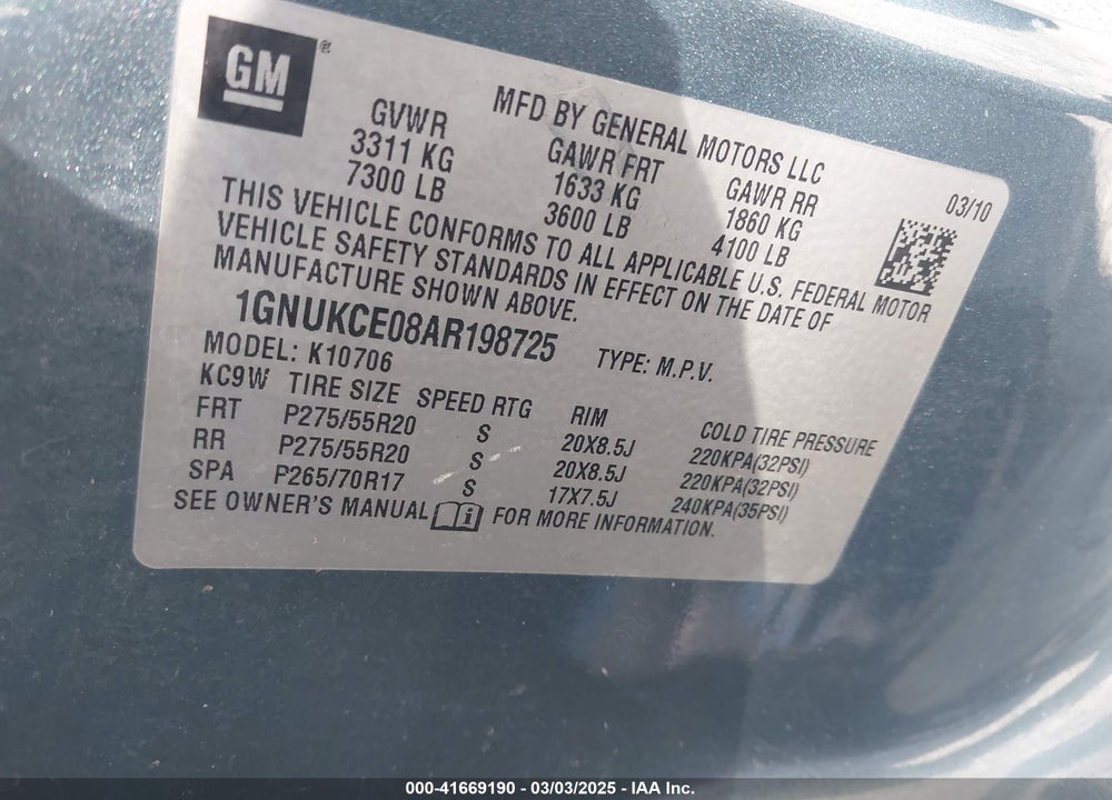 2010 CHEVROLET TAHOE LTZ VIN: 1GNUKCE08AR198725