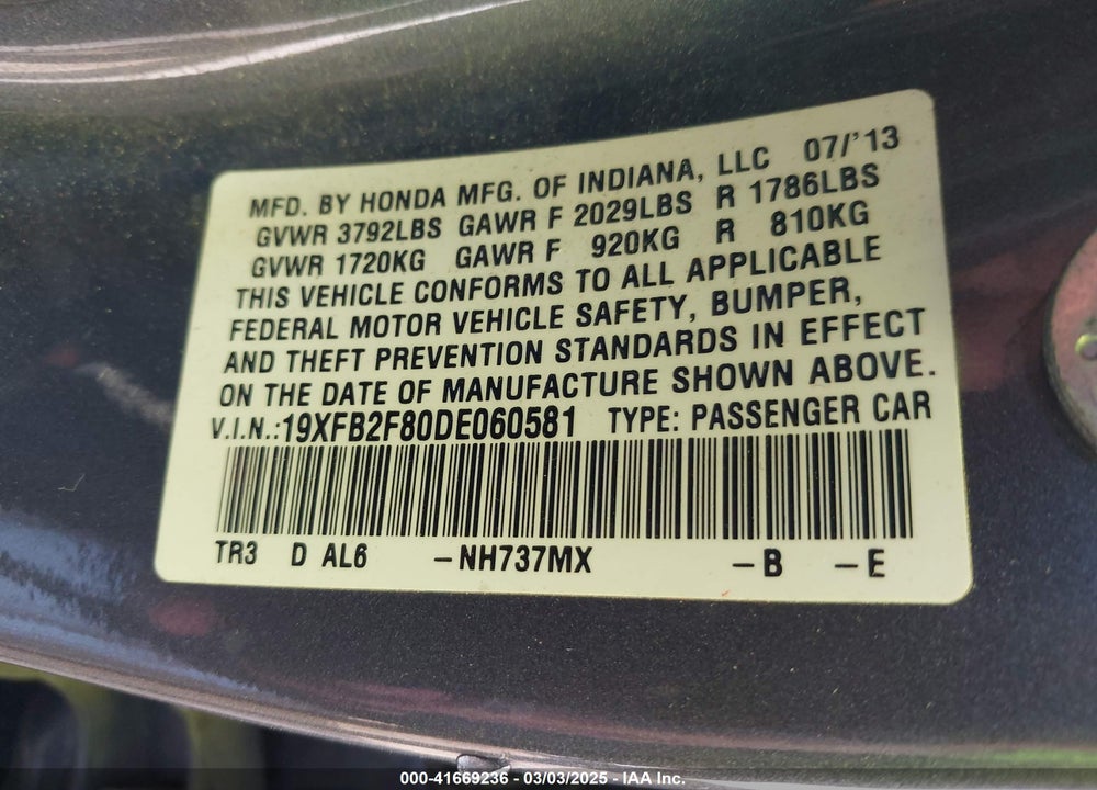 2013 HONDA CIVIC VIN: 19XFB2F80DE060581