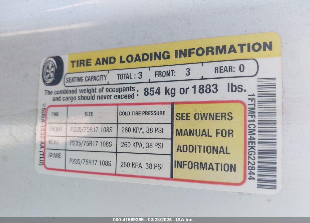 2014 FORD F-150 VIN: 1FTMF1CM4EKG22844