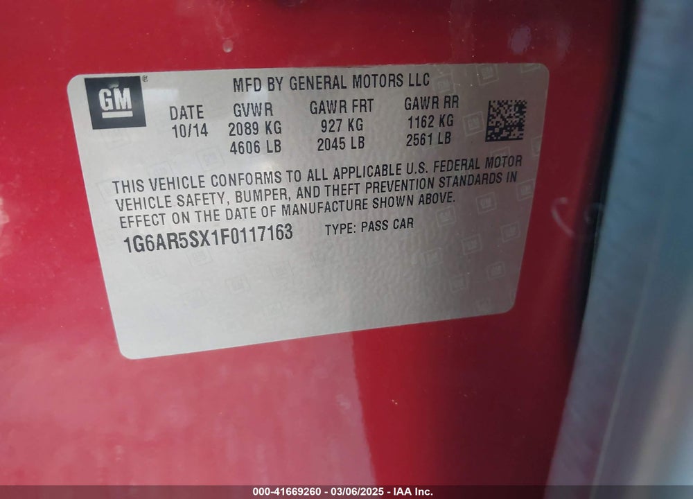 2015 CADILLAC CTS LUXURY VIN: 1G6AR5SX1F0117163