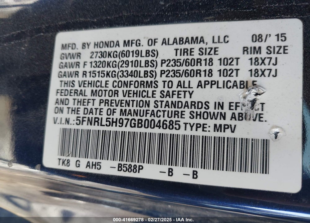2016 HONDA ODYSSEY VIN: 5FNRL5H97GB004685