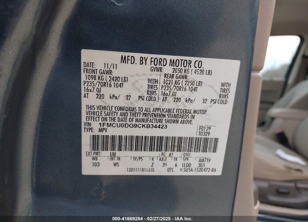 2012 FORD ESCAPE XLT VIN: 1FMCU0DG9CKB34423