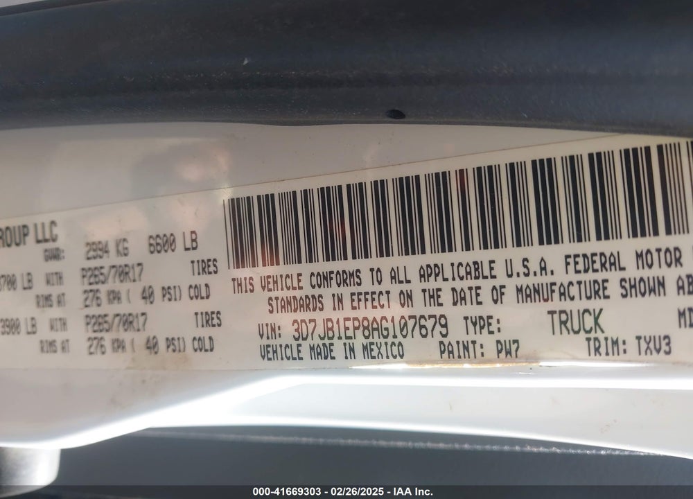 2010 DODGE RAM 1500 VIN: 3D7JB1EP8AG107679