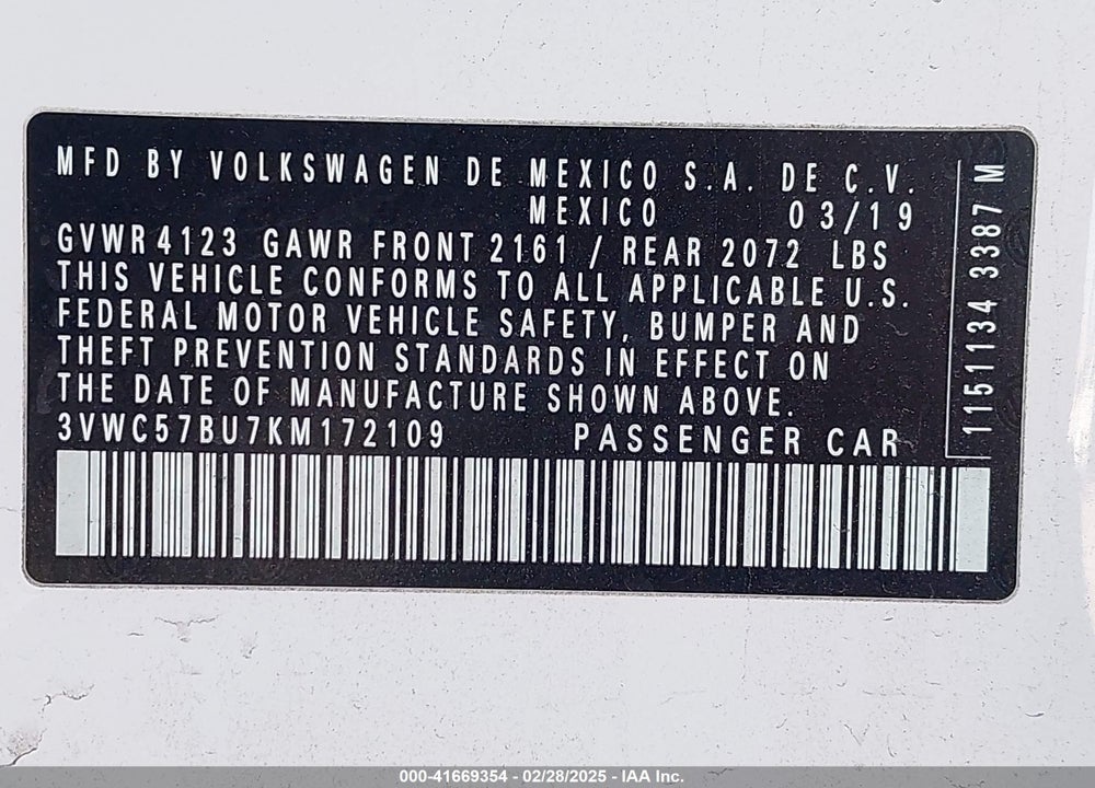 2019 VOLKSWAGEN JETTA VIN: 3VWC57BU7KM172109