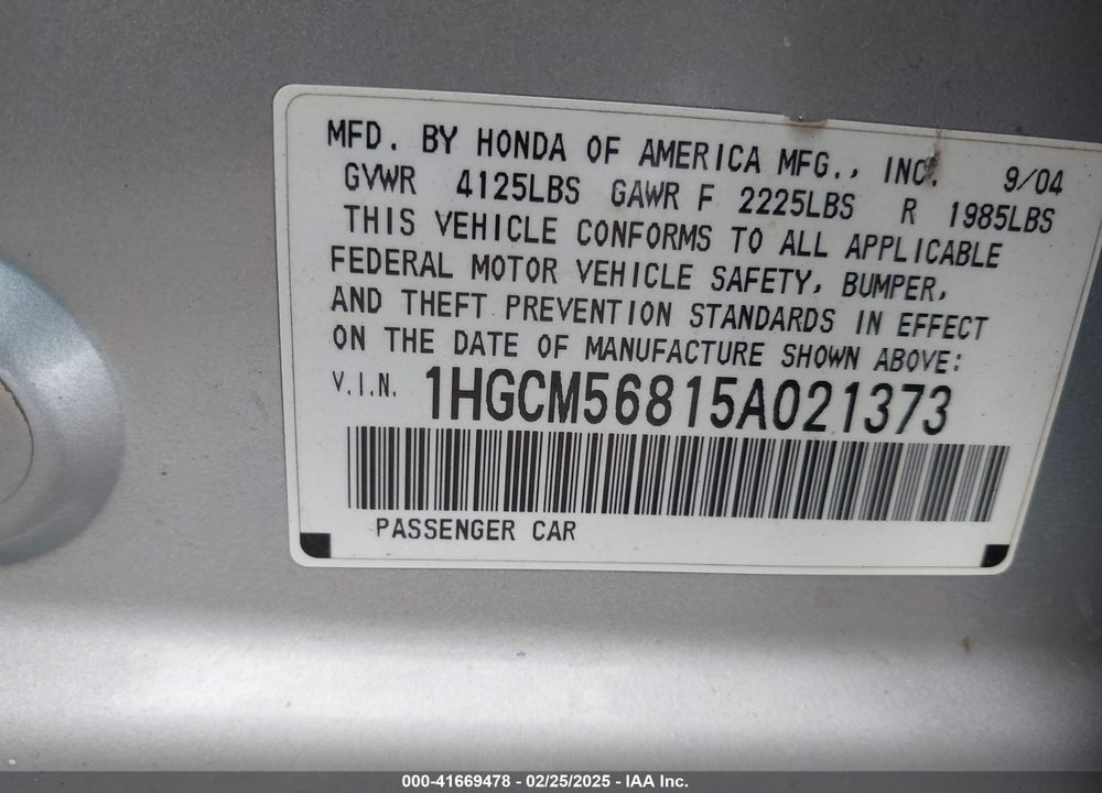 2005 HONDA ACCORD 2.4 EX VIN: 1HGCM56815A021373