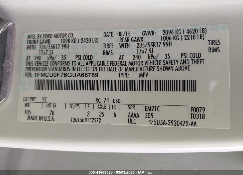 2016 FORD ESCAPE VIN: 1FMCU0F76GUA68789