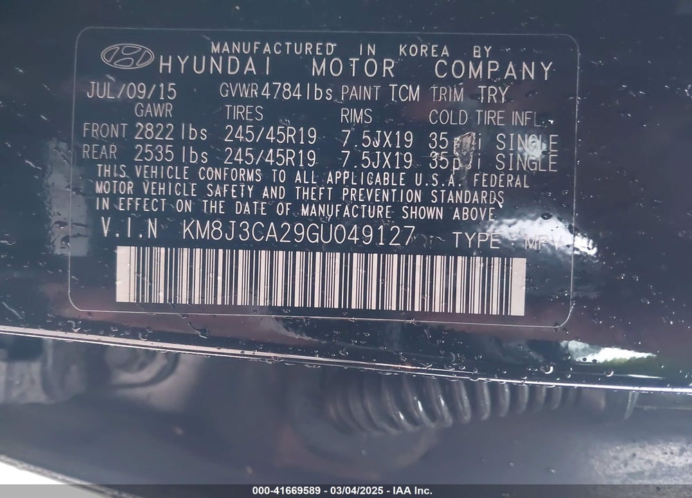 2016 HYUNDAI TUCSON VIN: KM8J3CA29GU049127