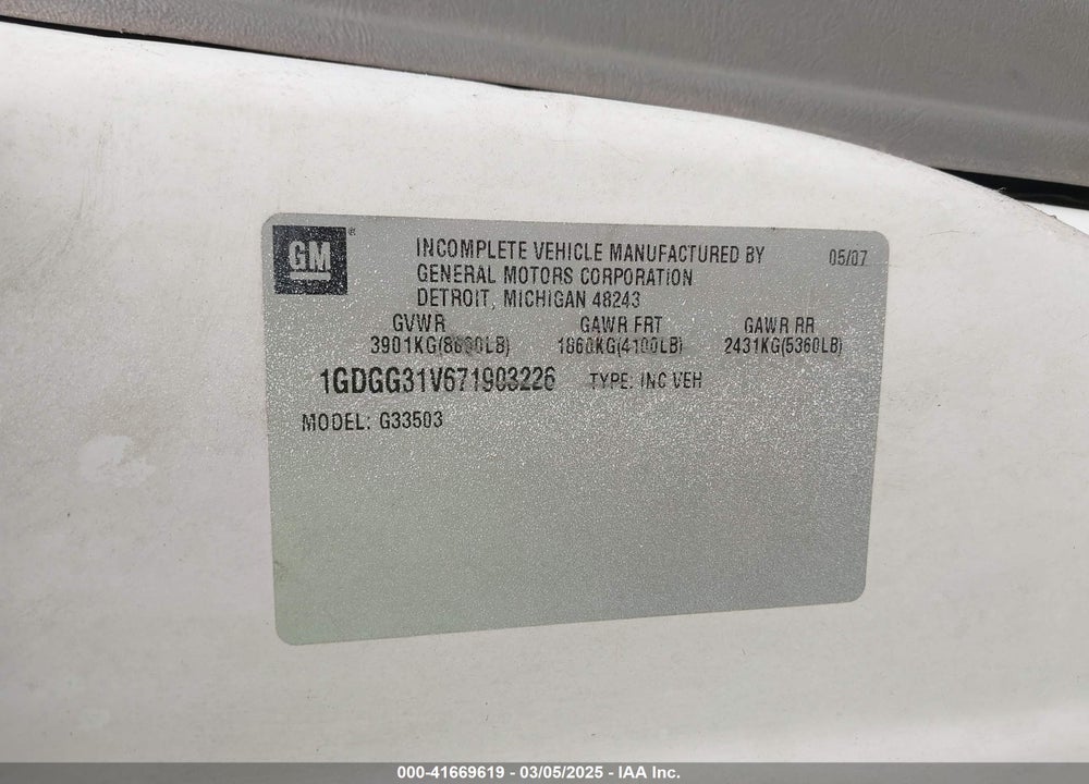 2007 GMC SAVANA CUTAWAY WORK VAN VIN: 1GDGG31V671903226