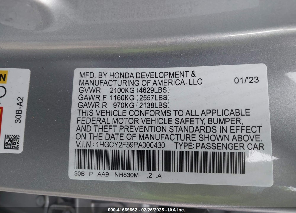 2023 HONDA ACCORD HYBRID SPORT VIN: 1HGCY2F59PA000430