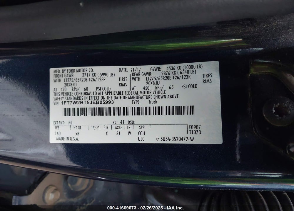 2018 FORD F-250 VIN: 1FT7W2BT5JEB05993