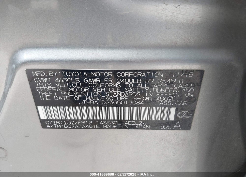 2016 LEXUS IS 200T VIN: JTHBA1D23G5013084