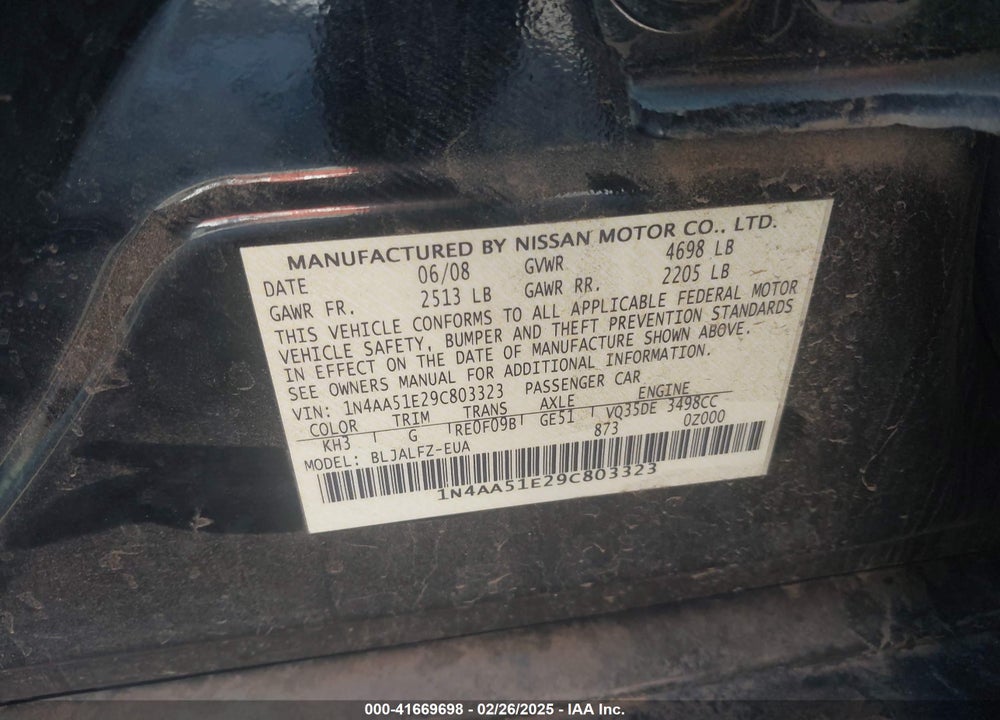 2009 NISSAN MAXIMA 3.5 SV VIN: 1N4AA51E29C803323