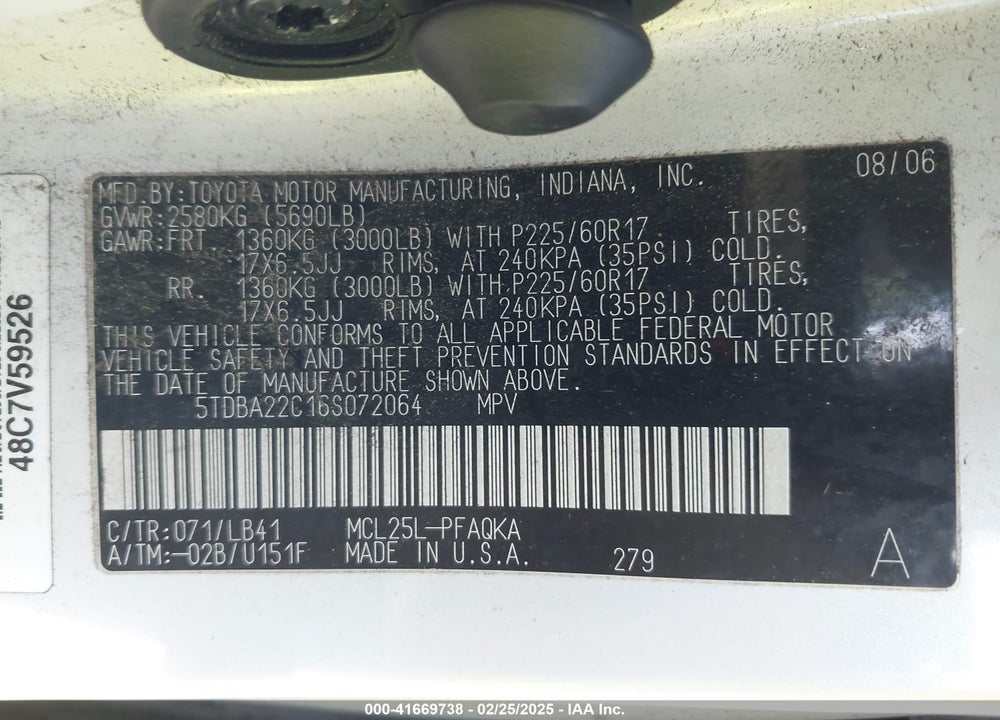 2006 TOYOTA SIENNA XLE LIMITED VIN: 5TDBA22C16S072064