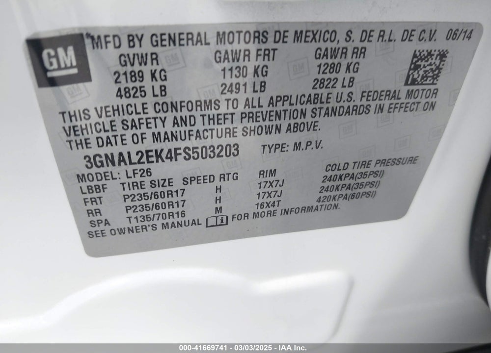 2015 CHEVROLET CAPTIVA SPORT VIN: 3GNAL2EK4FS503203
