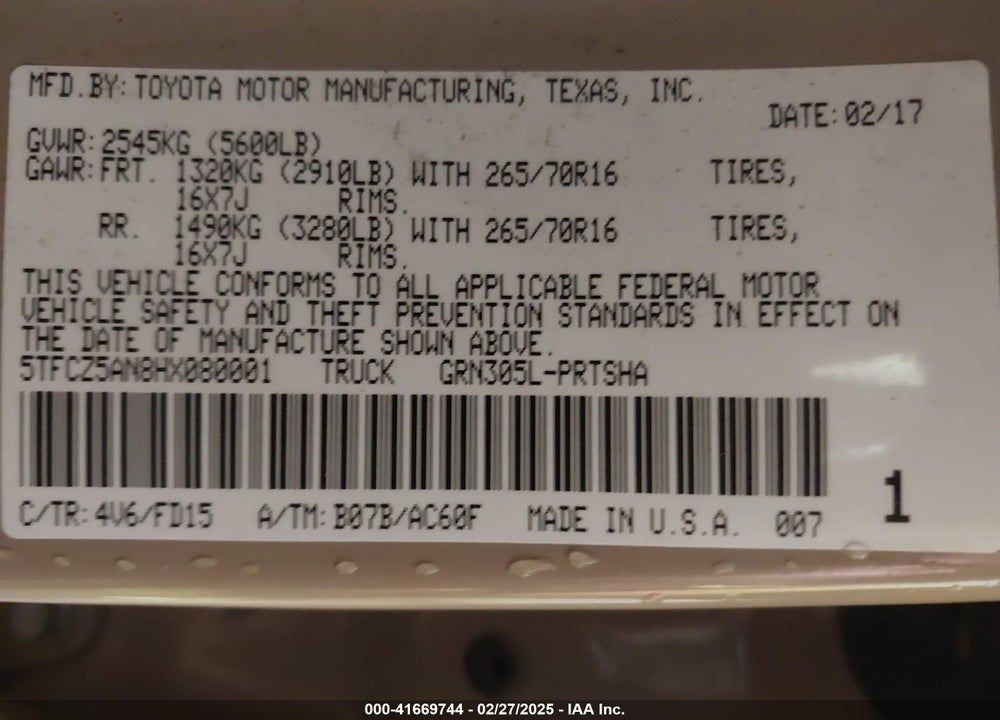 2017 TOYOTA TACOMA VIN: 5TFCZ5AN8HX080001