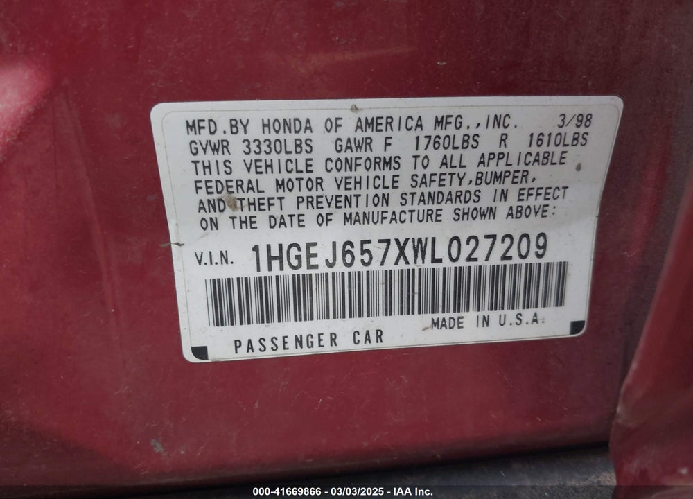 1998 HONDA CIVIC LX VIN: 1HGEJ657XWL027209