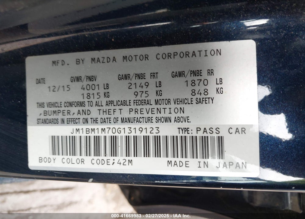 2016 MAZDA MAZDA3 VIN: JM1BM1M70G1319123
