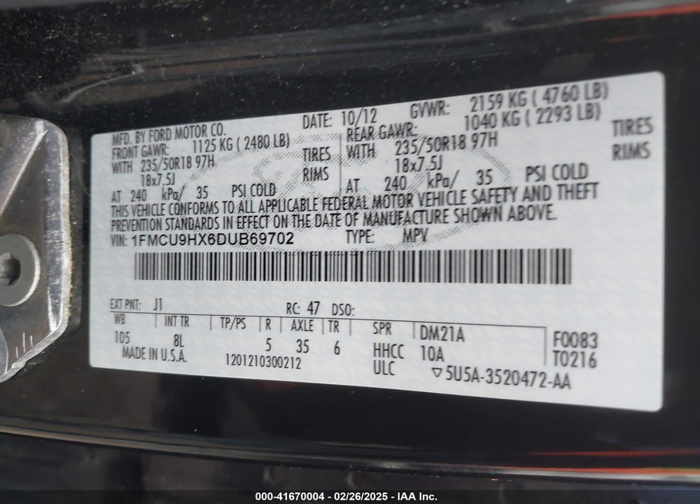 2013 FORD ESCAPE SEL VIN: 1FMCU9HX6DUB69702