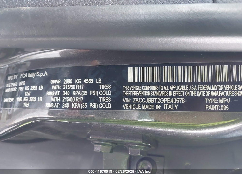 2016 JEEP RENEGADE VIN: ZACCJBBT2GPE40576