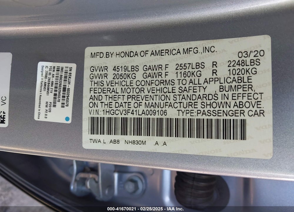 2020 HONDA ACCORD VIN: 1HGCV3F41LA009106