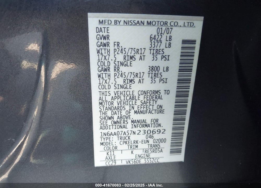 2007 NISSAN TITAN VIN: 1N6AA07A57N230692