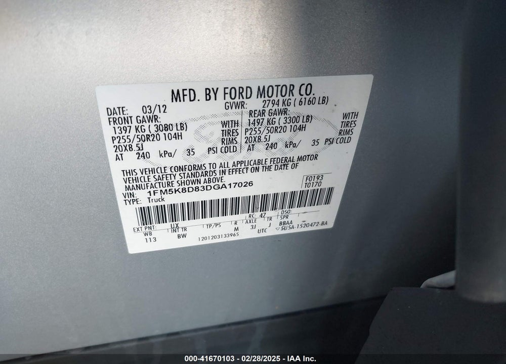 2013 FORD EXPLORER VIN: 1FM5K8D83DGA17026