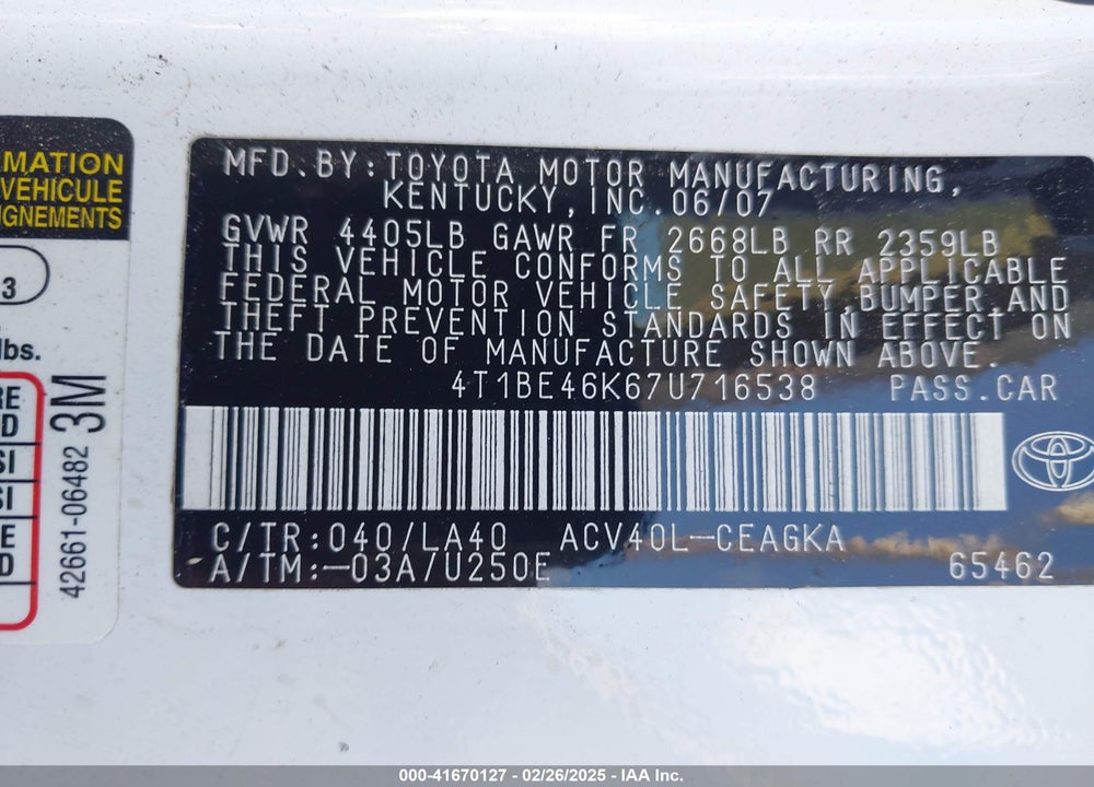 2007 TOYOTA CAMRY XLE VIN: 4T1BE46K67U716538