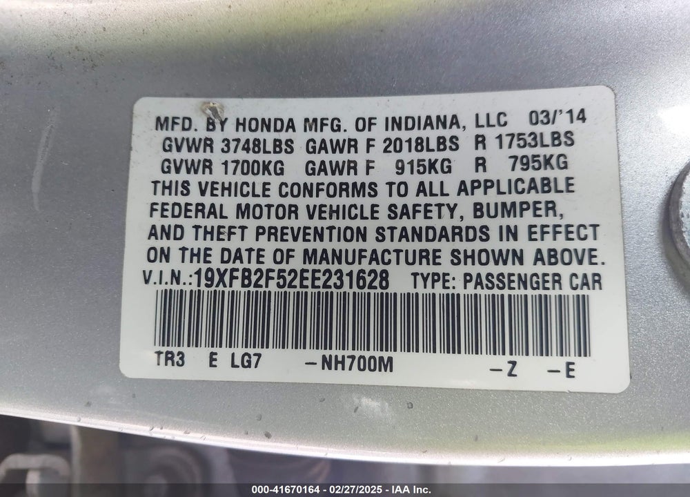 2014 HONDA CIVIC VIN: 19XFB2F52EE231628