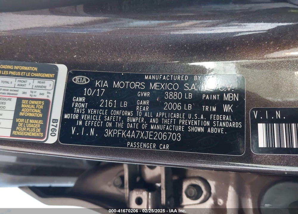 2018 KIA FORTE VIN: 3KPFK4A7XJE206703