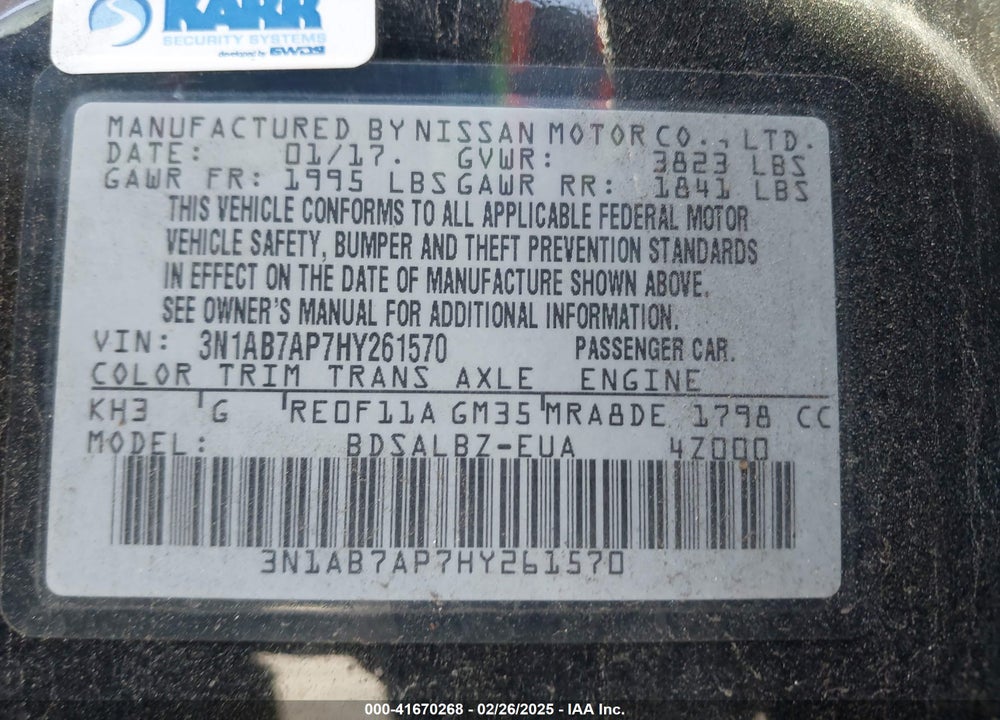 2017 NISSAN SENTRA VIN: 3N1AB7AP7HY261570