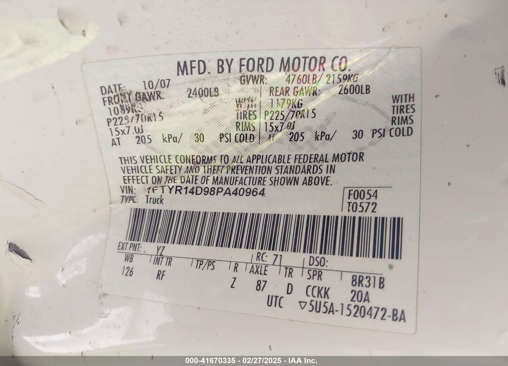 2008 FORD RANGER VIN: 1FTYR14D98PA40964