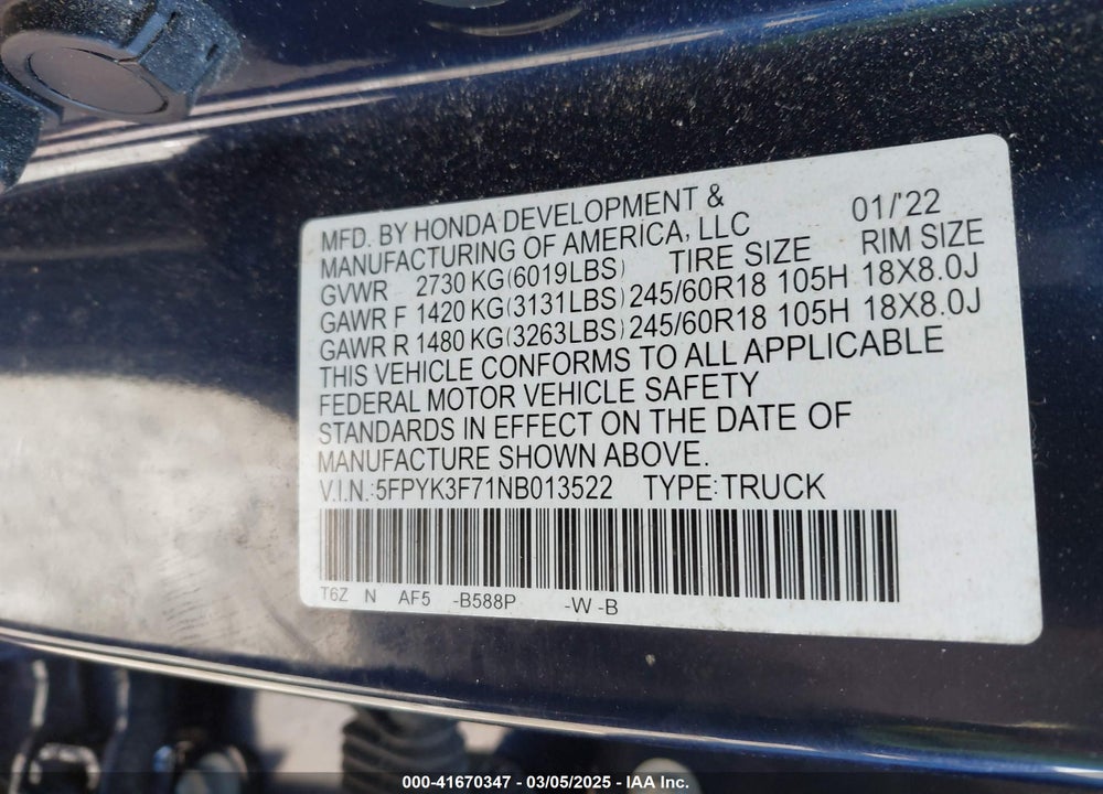 2022 HONDA RIDGELINE VIN: 5FPYK3F71NB013522